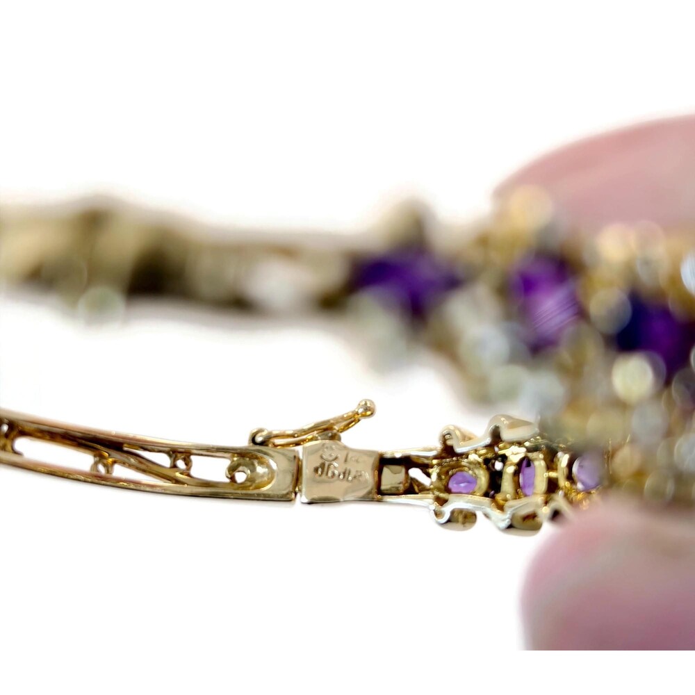 Amethyst Bracelet Diamonds 14K Yellow Gold: Hinged Bangle Vintage - Picture 7 of 14